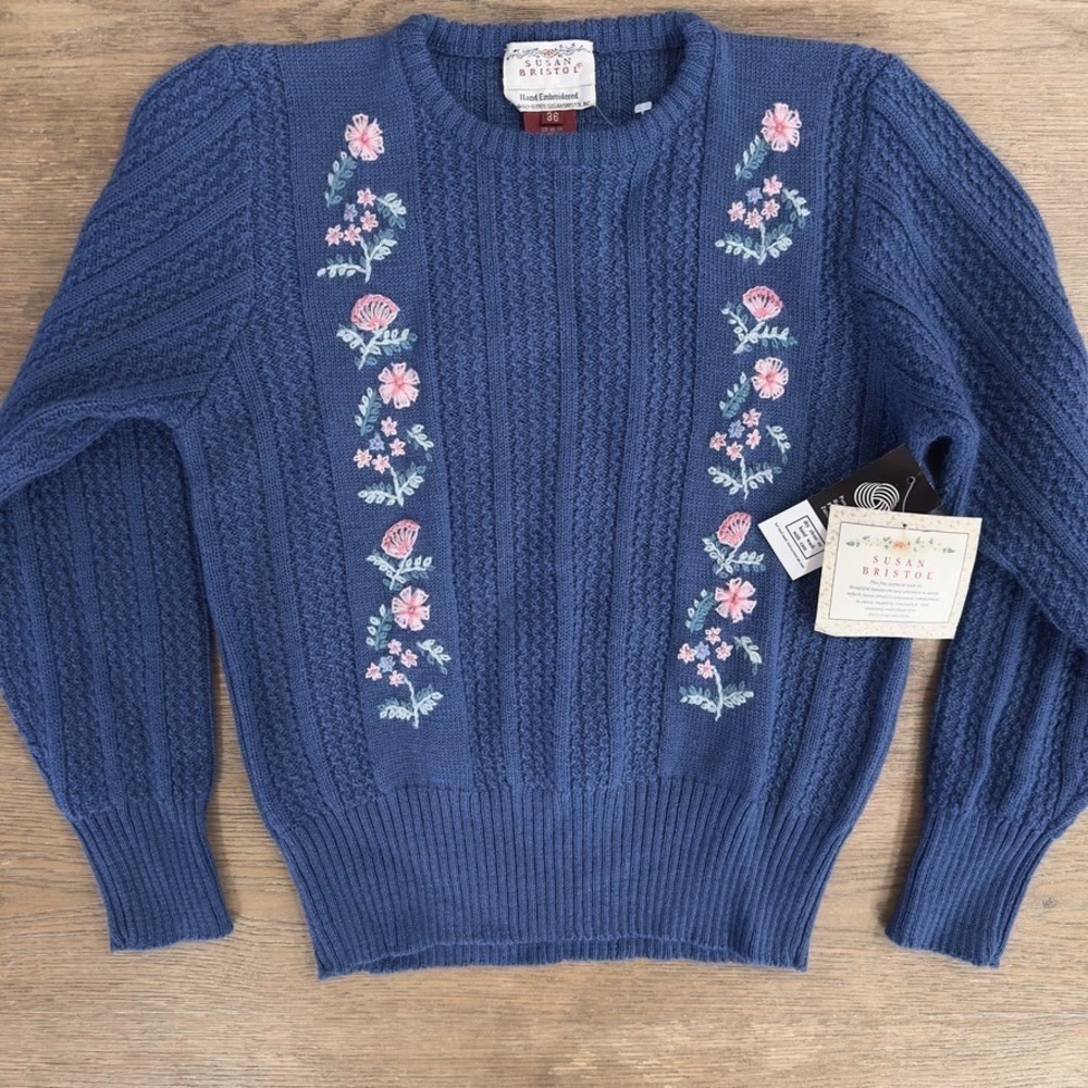 VTG Susan Bristol 100% Wool Crew Neck Sweater-Hand Embroidered Floral-Sz 36(4-6) - Picture 2 of 15